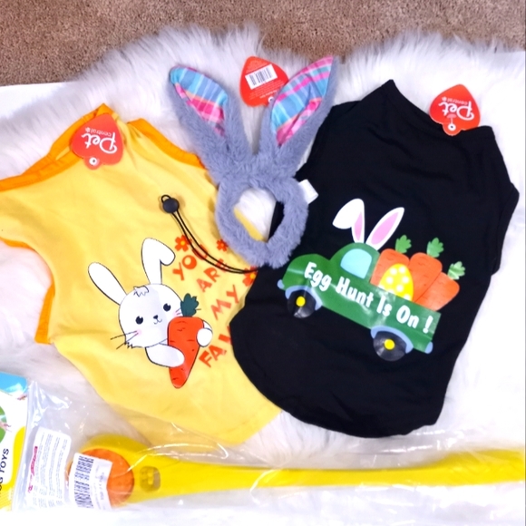 3 Pcs Easter Bunny Dog/Cat Outfit Includes FREE Dental Squeaky Fetch Anxiety Toy - Picture 1 of 11